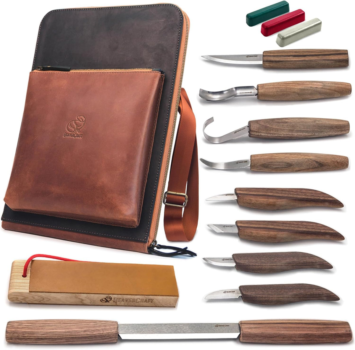 Kit de sculpture sur bois dans une sacoche en cuir S50X Beaver Craft